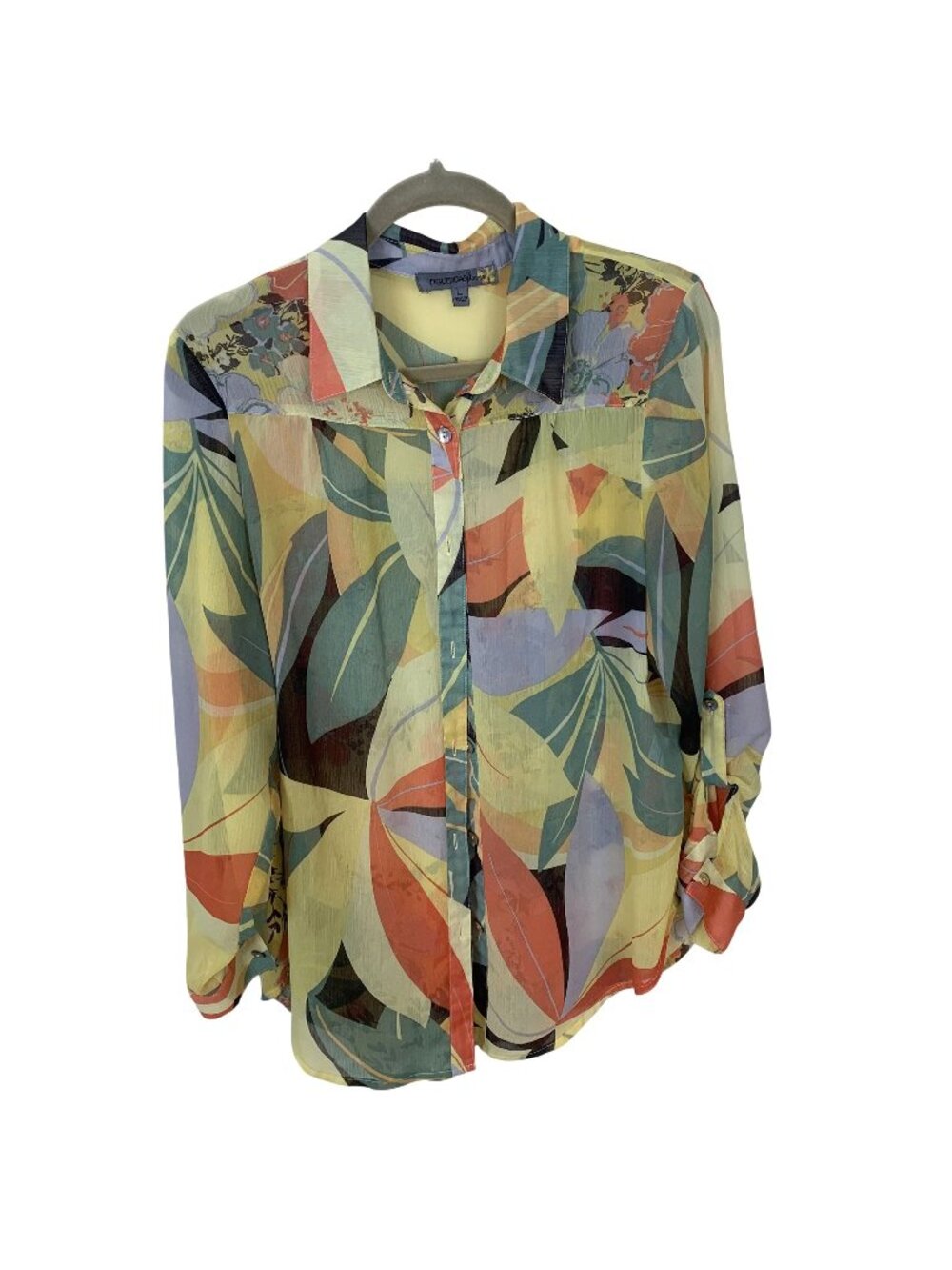 Figueroa & Flower Womens Top Sheer Floral Button Down Blouse Long Sleeves Large